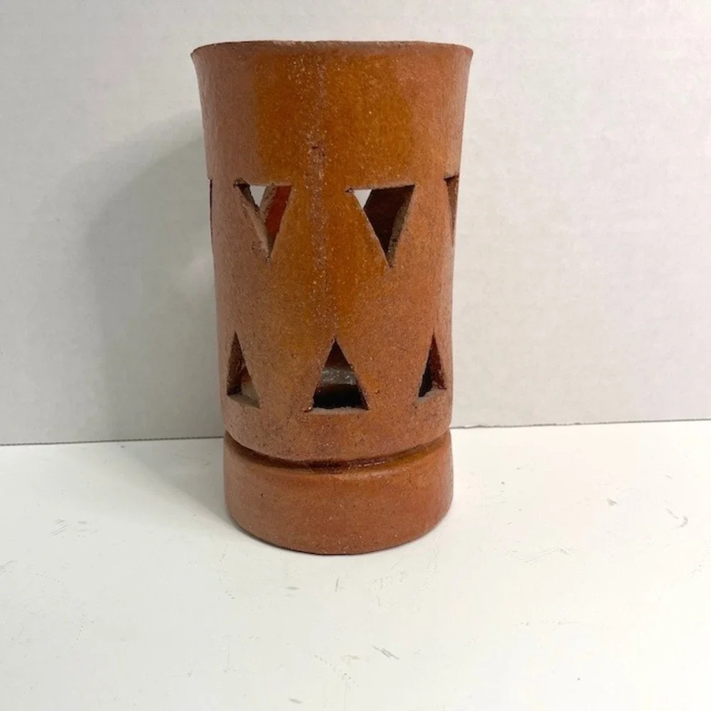 Vintage Chunky Terracotta Ceramic Luminary Triangle Cutout Candle Lantern